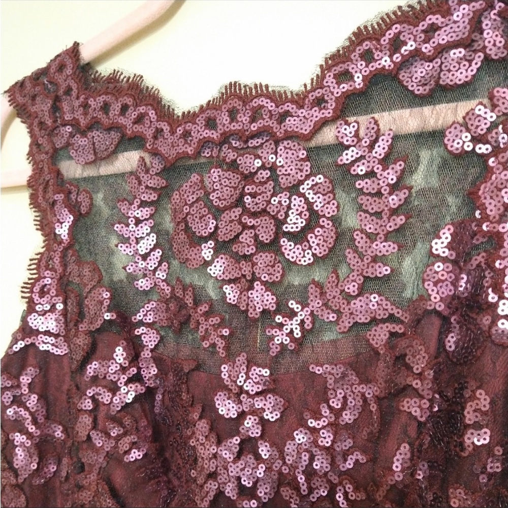 Sequined Burgandy/Cabernet Tadashi Shoji Illusion Dress Size 4 - Picture 6 of 9